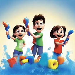 Create a Disney Pixar movie poster featuring kids playing with water guns shooting ink