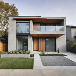 A small, modern house with an innovative front elevation design, showcasing a balance of glass, wood, and concrete elements.