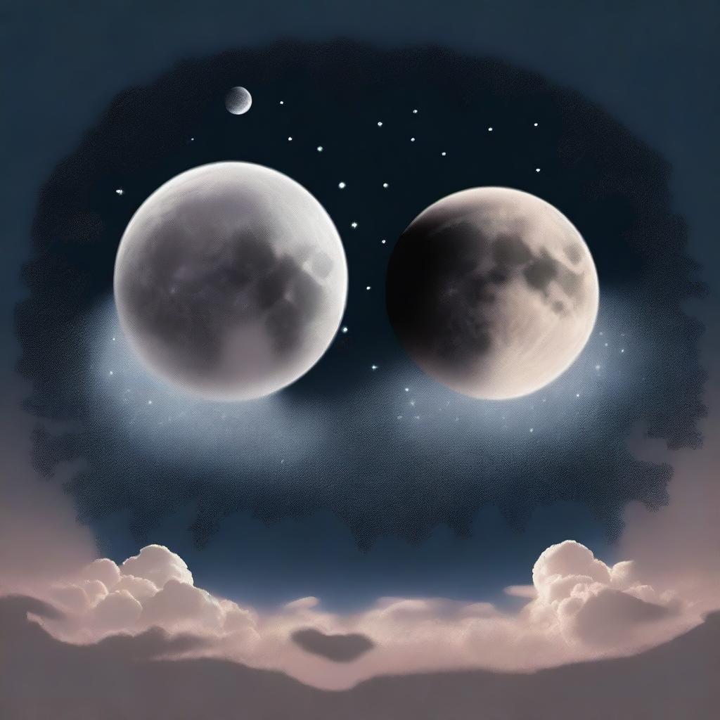 Generate an image of two moons in the night sky, shedding tears that fall onto the earth below