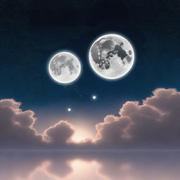 Generate an image of two moons in the night sky, shedding tears that fall onto the earth below