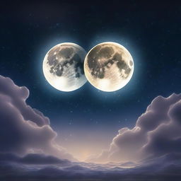 Generate an image of two moons in the night sky, shedding tears that fall onto the earth below