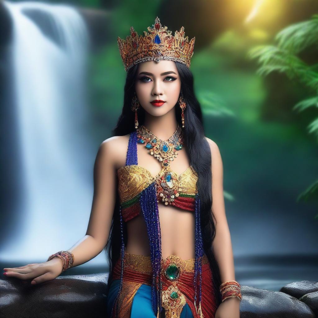 A realistic, super HD quality photoshoot of a beautiful Indonesian queen with an intense gaze