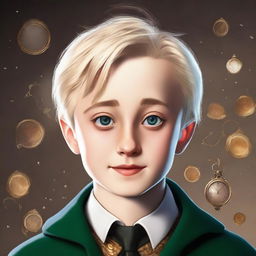 Create an image of a boy, specifically Draco Malfoy, with flushed cheeks and big eyes