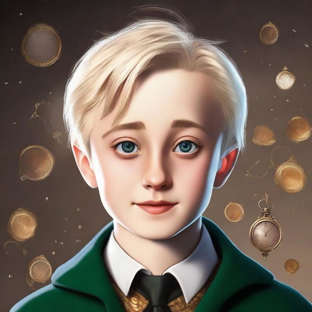 Create an image of a boy, specifically Draco Malfoy, with flushed cheeks and big eyes