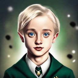 Create an image of a boy, specifically Draco Malfoy, with flushed cheeks and big eyes