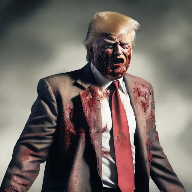 Create an image of Donald Trump portrayed as a zombie, with details such as rotting flesh and the typical characteristics of a zombie