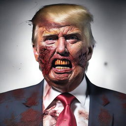 Create an image of Donald Trump portrayed as a zombie, with details such as rotting flesh and the typical characteristics of a zombie