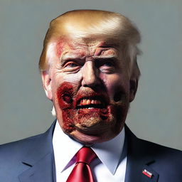 Create an image of Donald Trump portrayed as a zombie, with details such as rotting flesh and the typical characteristics of a zombie