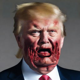 Create an image of Donald Trump portrayed as a zombie, with details such as rotting flesh and the typical characteristics of a zombie