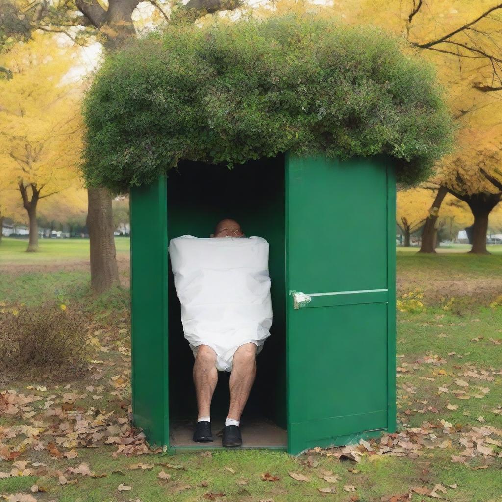 Illustrate the wealthy individual, now seeking relief from their stomach ache by discretely using a bush in the park as a makeshift restroom