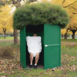 Illustrate the wealthy individual, now seeking relief from their stomach ache by discretely using a bush in the park as a makeshift restroom