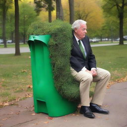 Illustrate the wealthy individual, now seeking relief from their stomach ache by discretely using a bush in the park as a makeshift restroom