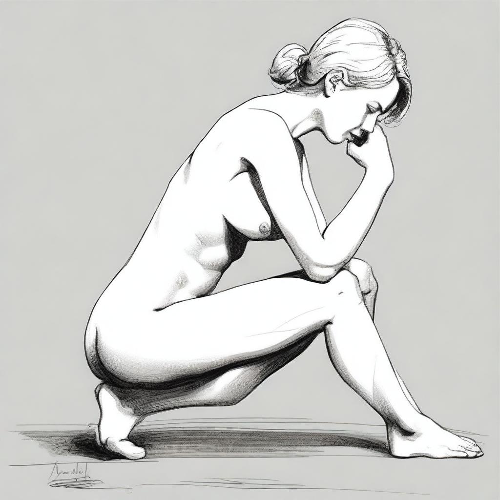 Draw the previously wealthy, now naked, individual in a crouching position