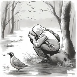 Illustrate the scene where the individual, in a crouching position, is relieving themselves