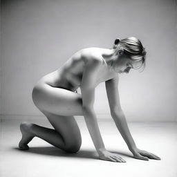 Illustrate the scene of a naked individual, crouching and defecating