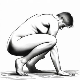 Illustrate the scene of a naked individual, crouching and defecating