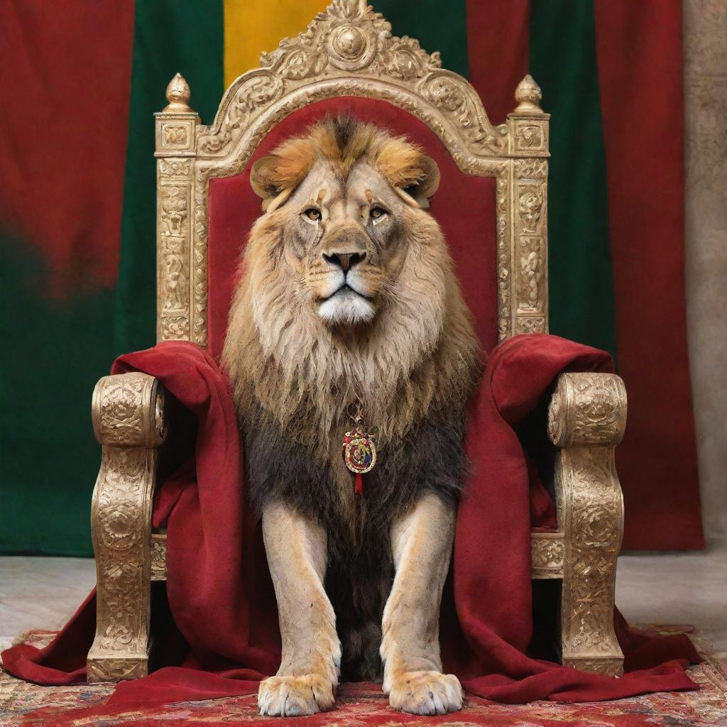 A regal king seated on an opulent throne, with a majestic lion laying next to him and the vibrant red, white, green, and yellow of the Kurdistan flag hanging nearby.