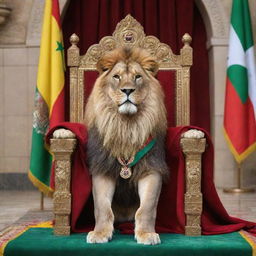 A regal king seated on an opulent throne, with a majestic lion laying next to him and the vibrant red, white, green, and yellow of the Kurdistan flag hanging nearby.