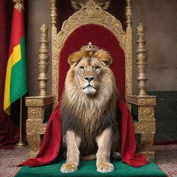 A regal king seated on an opulent throne, with a majestic lion laying next to him and the vibrant red, white, green, and yellow of the Kurdistan flag hanging nearby.