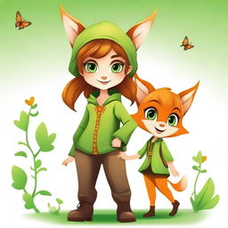 Create a movie poster featuring a pixie with green skin, dressed in country clothes, and a young girl in urban attire