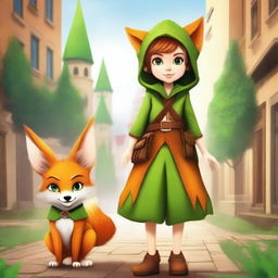 Create a movie poster featuring a pixie with green skin, dressed in country clothes, and a young girl in urban attire