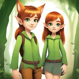 Create a movie poster featuring a pixie with green skin, dressed in country clothes, and a young girl in urban attire