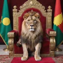 A regal king seated on an opulent throne, with a majestic lion laying next to him and the vibrant red, white, green, and yellow of the Kurdistan flag hanging nearby.