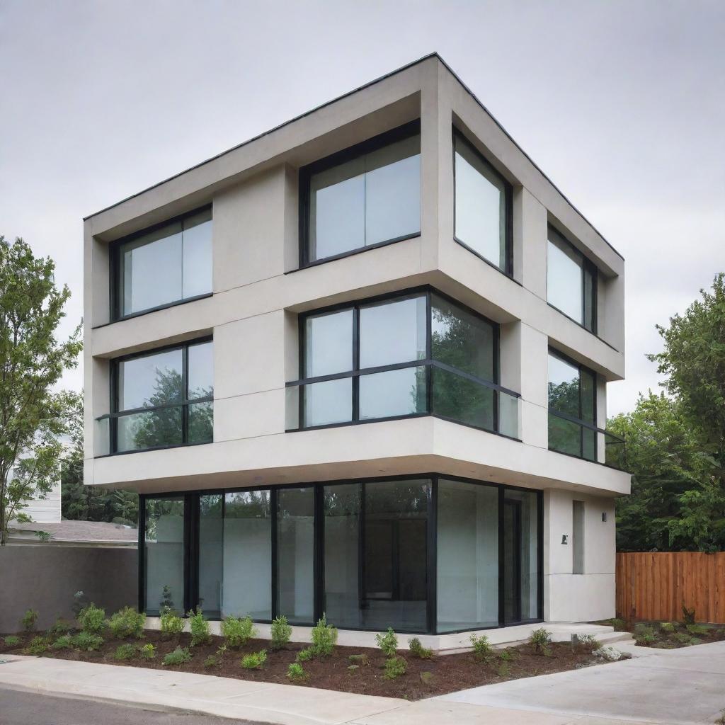 A modern, small-scale residential building showing unique architectural elevation with clean lines, large windows, and minimalist design.