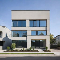 A modern, small-scale residential building showing unique architectural elevation with clean lines, large windows, and minimalist design.