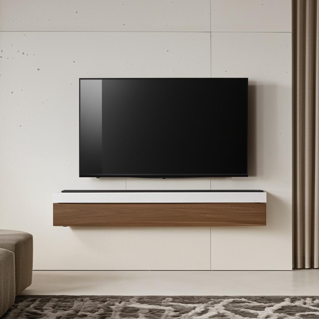 An elegant wall-mounted Louvers panel TV unit, exhibiting a fusion of contemporary design and practical usage, with a mix of natural wood and metallic accents for a striking visual impact.