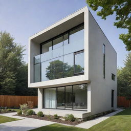 A modern, small-scale residential building showing unique architectural elevation with clean lines, large windows, and minimalist design.