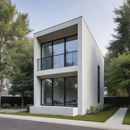 A modern, small-scale residential building showing unique architectural elevation with clean lines, large windows, and minimalist design.