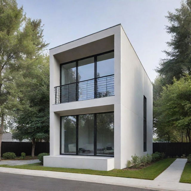 A modern, small-scale residential building showing unique architectural elevation with clean lines, large windows, and minimalist design.