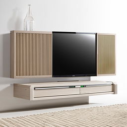 An elegant wall-mounted Louvers panel TV unit, exhibiting a fusion of contemporary design and practical usage, with a mix of natural wood and metallic accents for a striking visual impact.