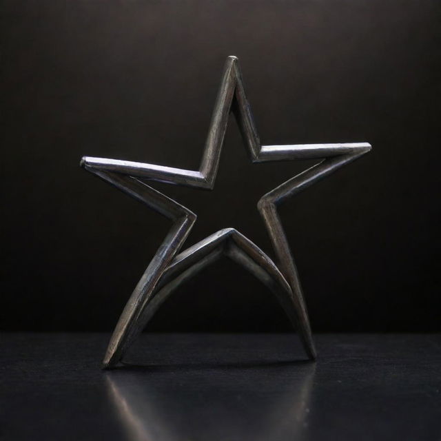 A shiny star symbol made out of polished metal pipe, artfully bent and welded into shape, against a dark, moody background.