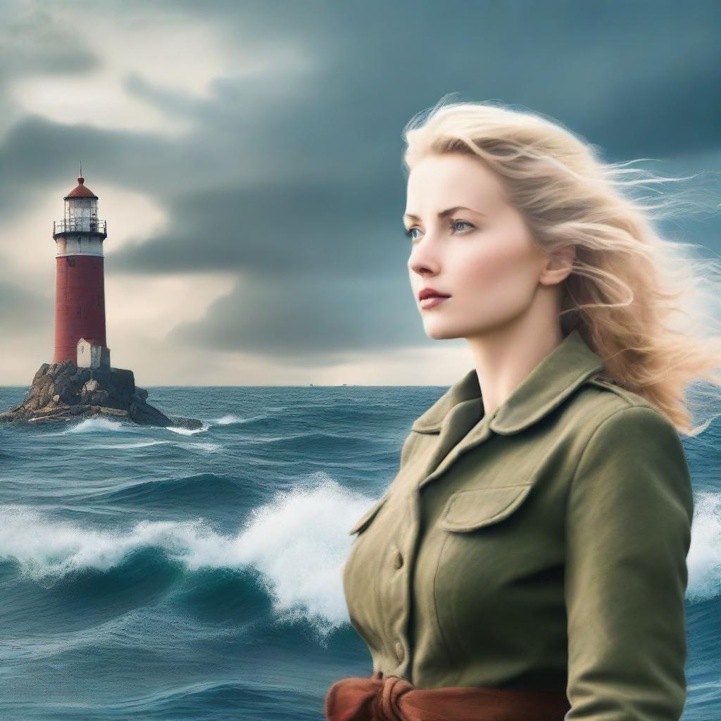 Generate a romantic book cover featuring a raging ocean and a lighthouse