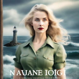 Generate a romantic book cover featuring a raging ocean and a lighthouse