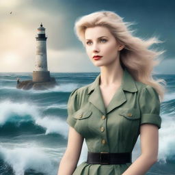 Generate a romantic book cover featuring a raging ocean and a lighthouse