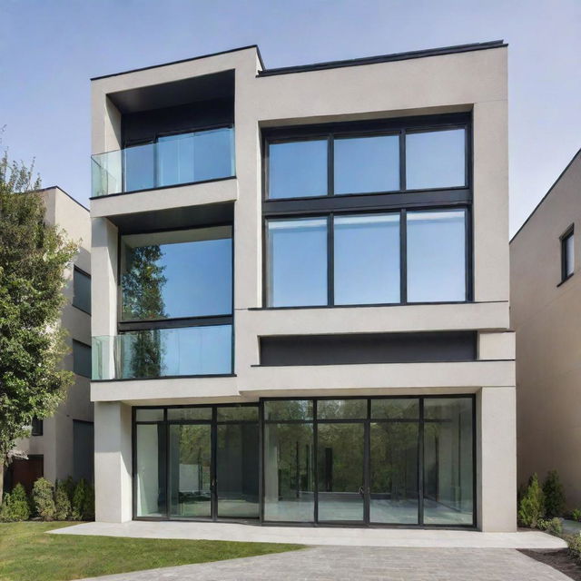 Stunning modern residential building showing an elegant architectural elevation with sleek lines, large glass windows, and sophisticated design.