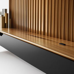 An elegant wall-mounted Louvers panel TV unit, exhibiting a fusion of contemporary design and practical usage, with a mix of natural wood and metallic accents for a striking visual impact.