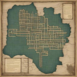 Generate a medieval style map of a large sewer network, complete with intricate passages and waterways