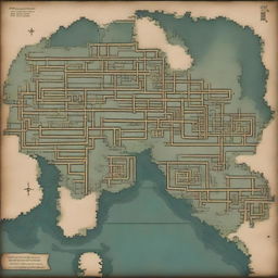 Generate a medieval style map of a large sewer network, complete with intricate passages and waterways