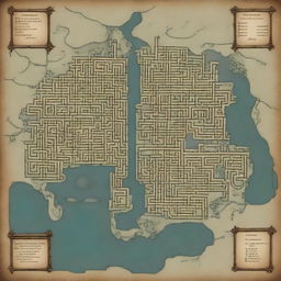 Generate a medieval style map of a large sewer network, complete with intricate passages and waterways