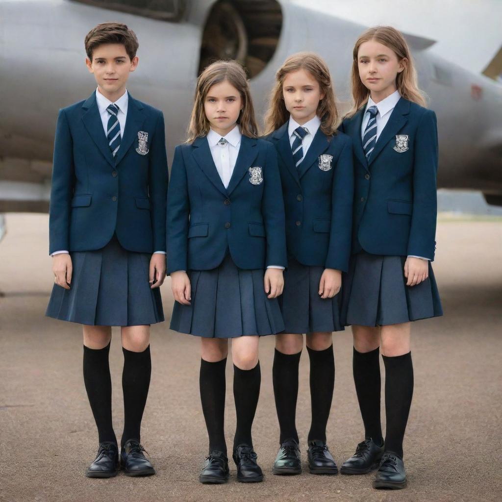 Airpunk school uniforms featuring lightweight materials, aviation-inspired details, and ethereal colors, blended with elements of classic school attire.