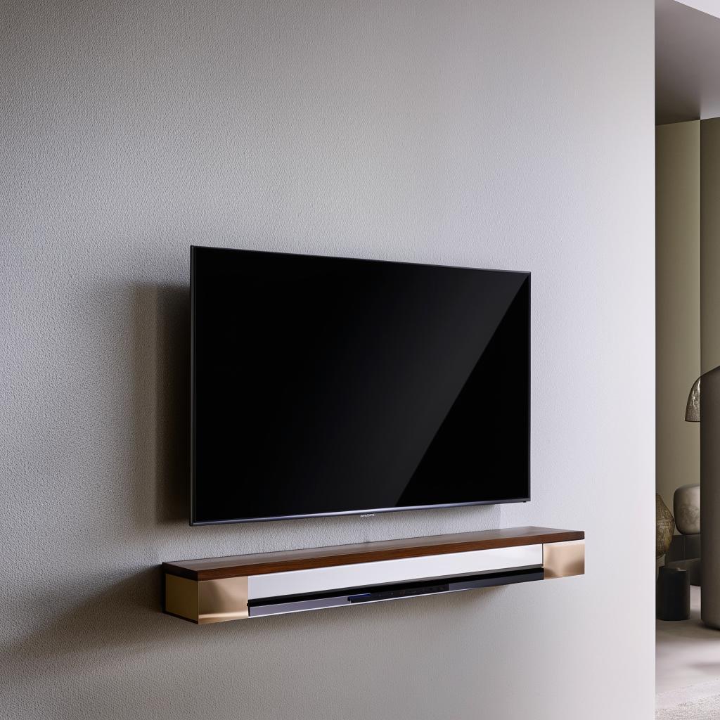 An elegant wall-mounted Louvers panel TV unit, exhibiting a fusion of contemporary design and practical usage, with a mix of natural wood and metallic accents for a striking visual impact.