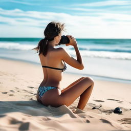 A woman in a bikini sitting on a sandy beach, holding a camera in her hands and taking a photo of the beautiful ocean view in front of her