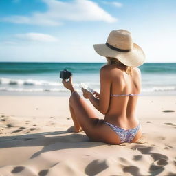 A woman in a bikini sitting on a sandy beach, holding a camera in her hands and taking a photo of the beautiful ocean view in front of her