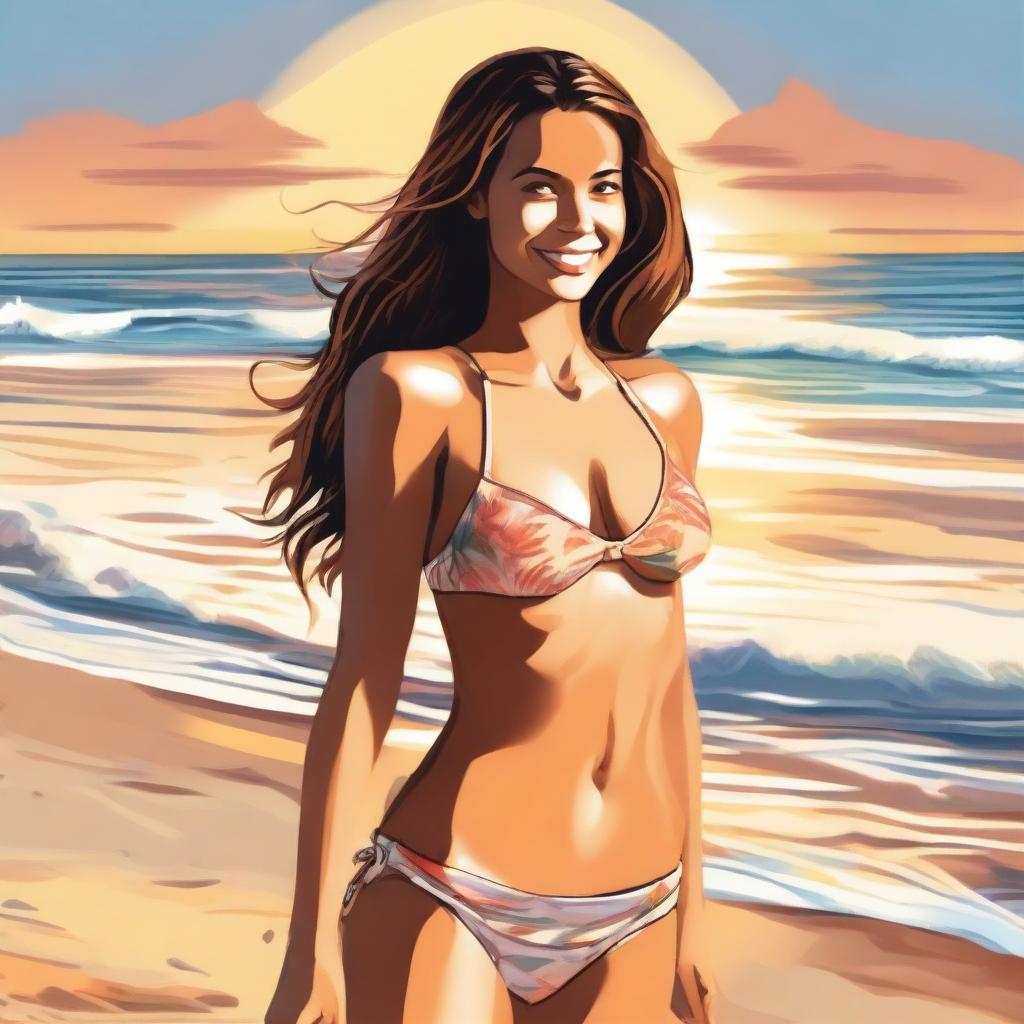 A tastefully depicted young woman in a summer bikini, standing on a beach