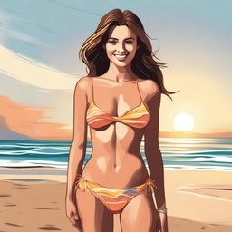 A tastefully depicted young woman in a summer bikini, standing on a beach