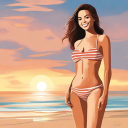 A tastefully depicted young woman in a summer bikini, standing on a beach